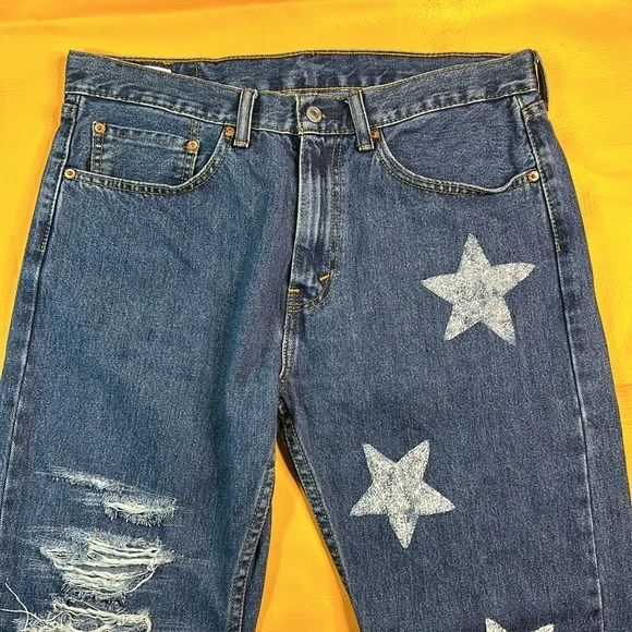 Levi's 505 Star Spangled Ripped Straight Leg Relaxed Jeans - Picture 4 of 10